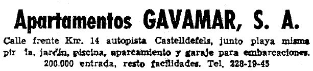Anunci dels apartaments GAVAMAR de Gav Mar publicat al diari LA VANGUARDIA (26 de Juny de 1965)